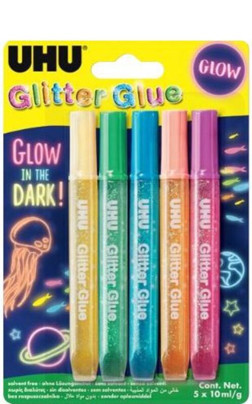 UHU Glitter Glue Glow In The Dark 5x10ml