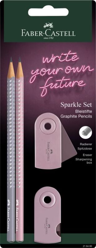 Faber Castell Μολύβια Grip Sparkle II Γκρι/Ροζέ & Mini Sleeve Γόμα & Ξύστρα