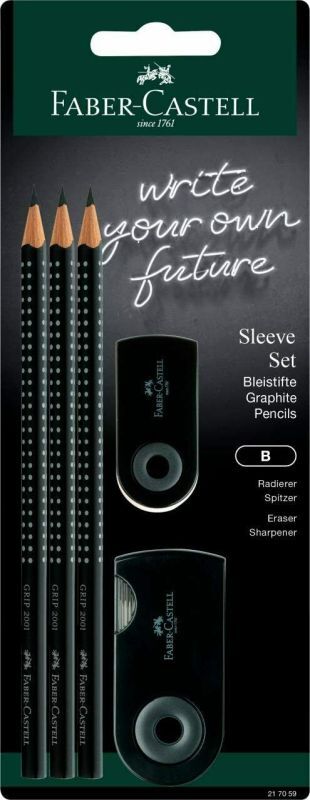 Faber Castell Μολύβια Grip Μαύρο 3 Τμχ & Ξύστρα Mini Sleeve & Γόμα