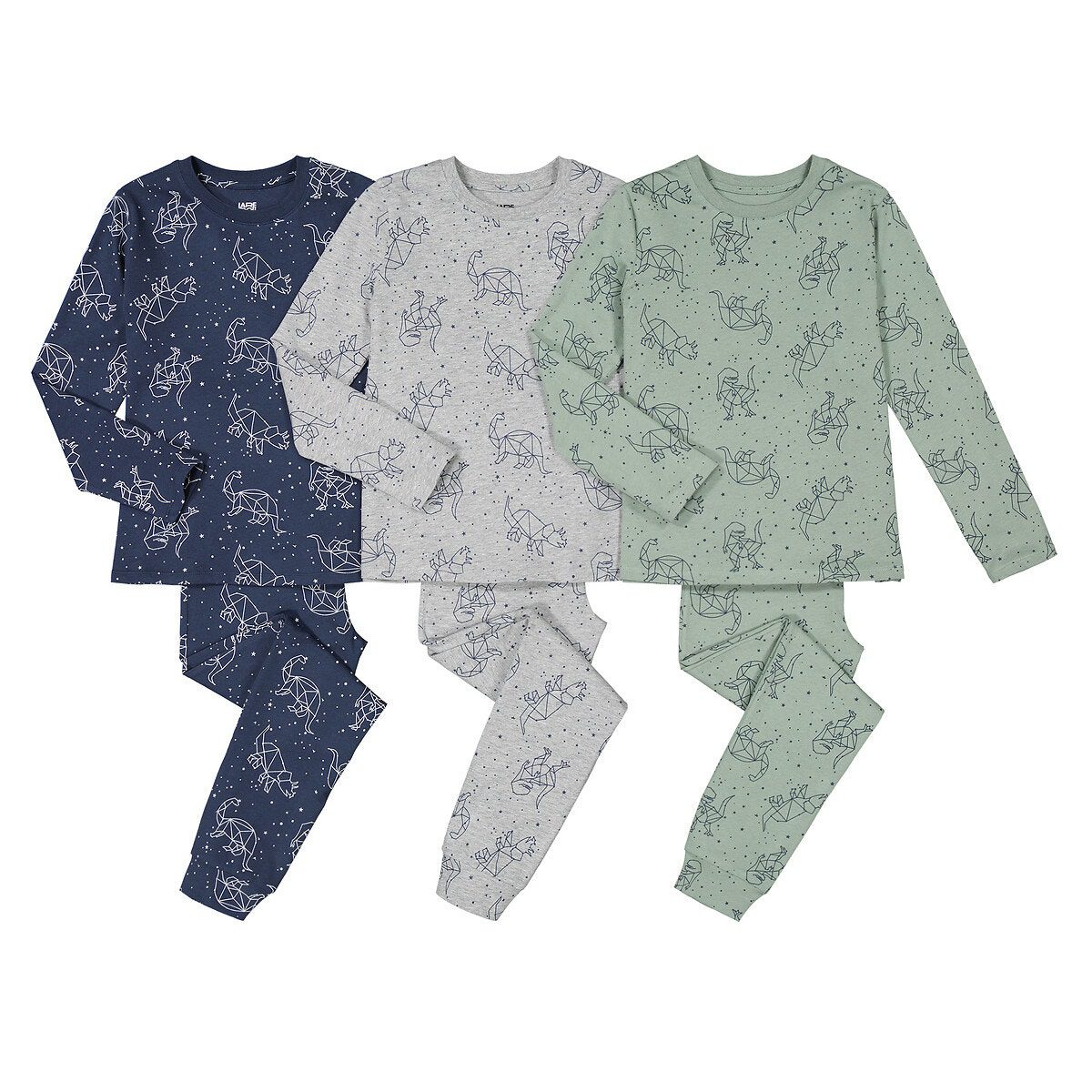 Σετ 3 βαμβακερές πιτζάμες με μοτίβο δεινόσαυρους Μπλε