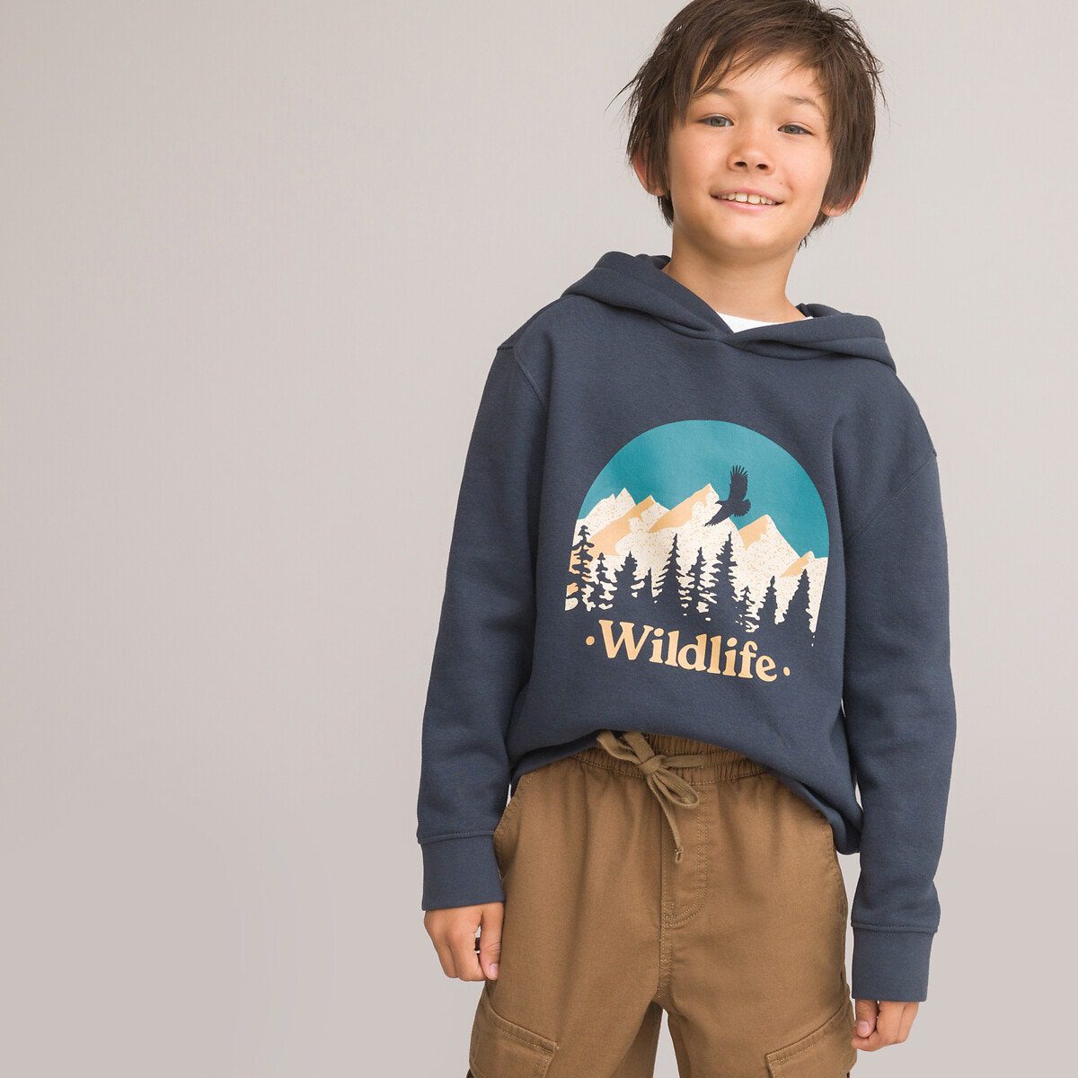 Φούτερ από φανέλα με κουκούλα και στάμπα βουνάα Μπλε Φούτερ από φανέλα με κουκούλα και στάμπα βουνάα Μπλε