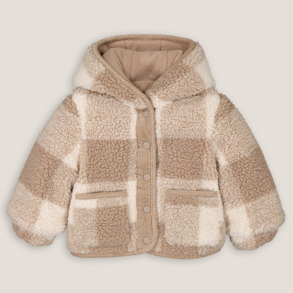 Καρό παλτό από συνθετική γούνα με κουκούλα Καφε Καρό παλτό από συνθετική γούνα με κουκούλα Καφε