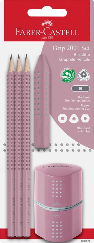 Faber Castell Μολύβι Grip B Ροζέ Shadow 3Τμχ & Ξύστρα Grip & Γόμα Grip