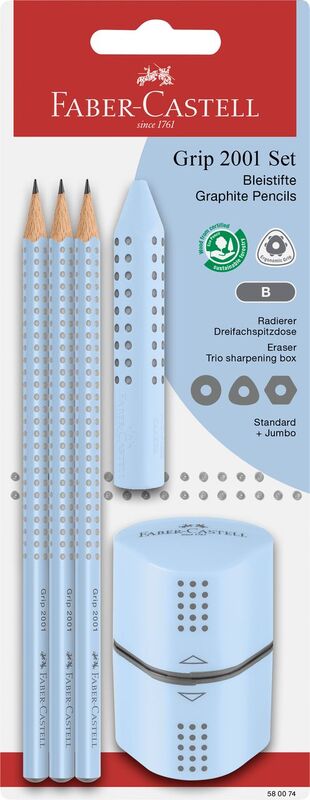 Faber Castell Μολύβι Grip B Σιέλ 3Τμχ & Ξύστρα Grip & Γόμα Grip