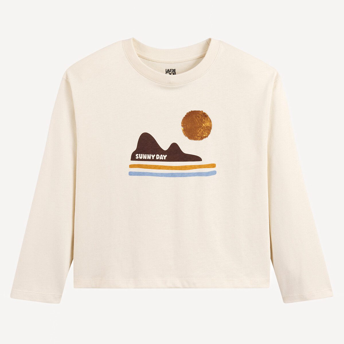 T-shirt μακρυμάνικο με εκτυπωμένο σχέδιο και παγιέτες Μπεζ