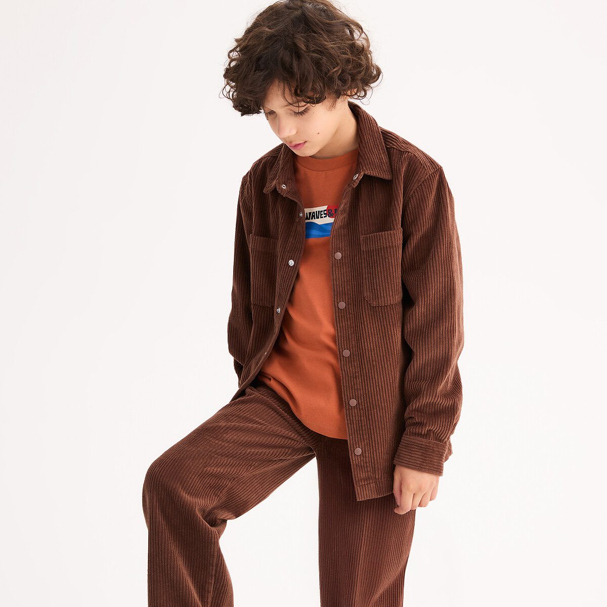 Πουκάμισο-ζακέτα κοτλέ με μακριά μανίκια Καφε