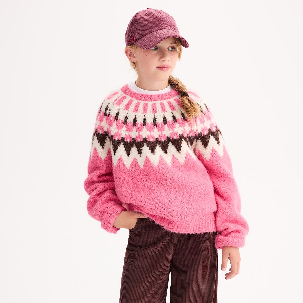 Πουλόβερ με στρογγυλή λαιμόκοψη και χοντρή ζακάρ πλέξη Ροζ