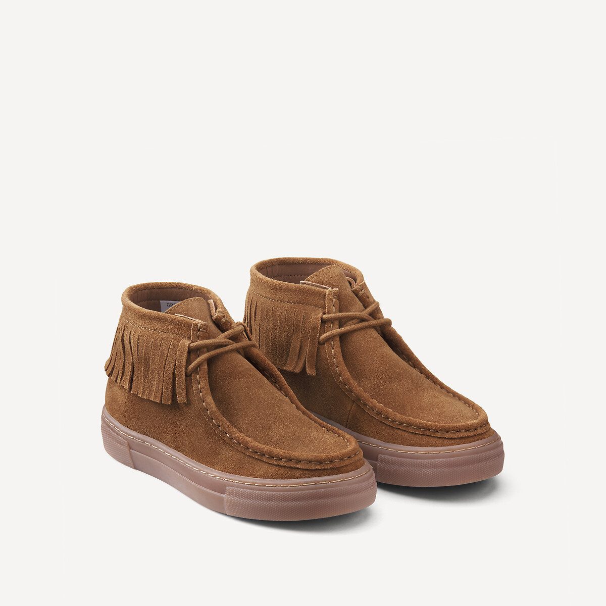 Μποτίνια από δέρμα με κρόσσια και κορδόνια Καφε