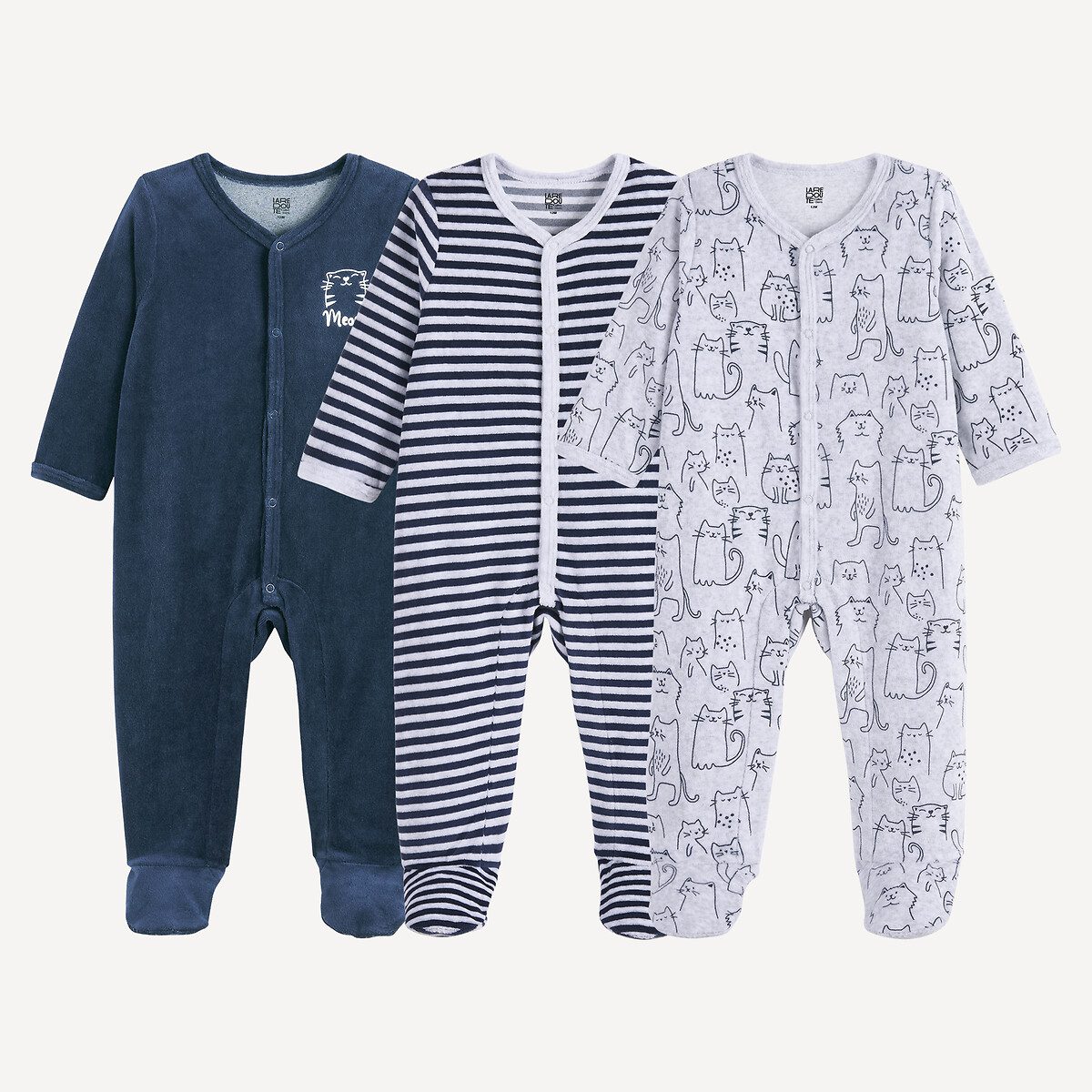 Σετ 3 ολόσωμες πιτζάμες βελουτέ με σχέδια γατάκια και ρίγες Διαφορα Χρωματα