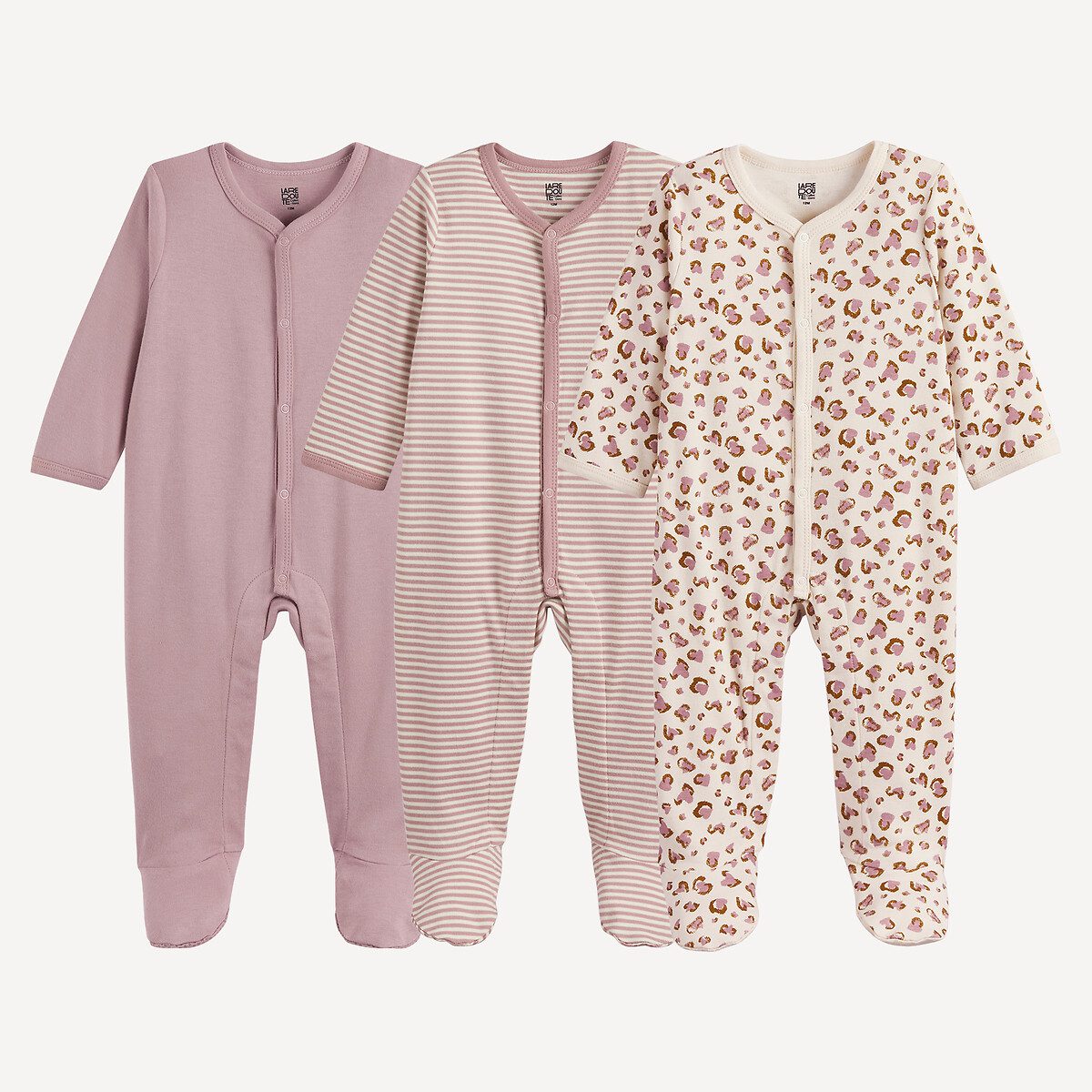 Σετ 3 μονόχρωμες πιτζάμες ολόσωμες από βαμβάκι Ροζ