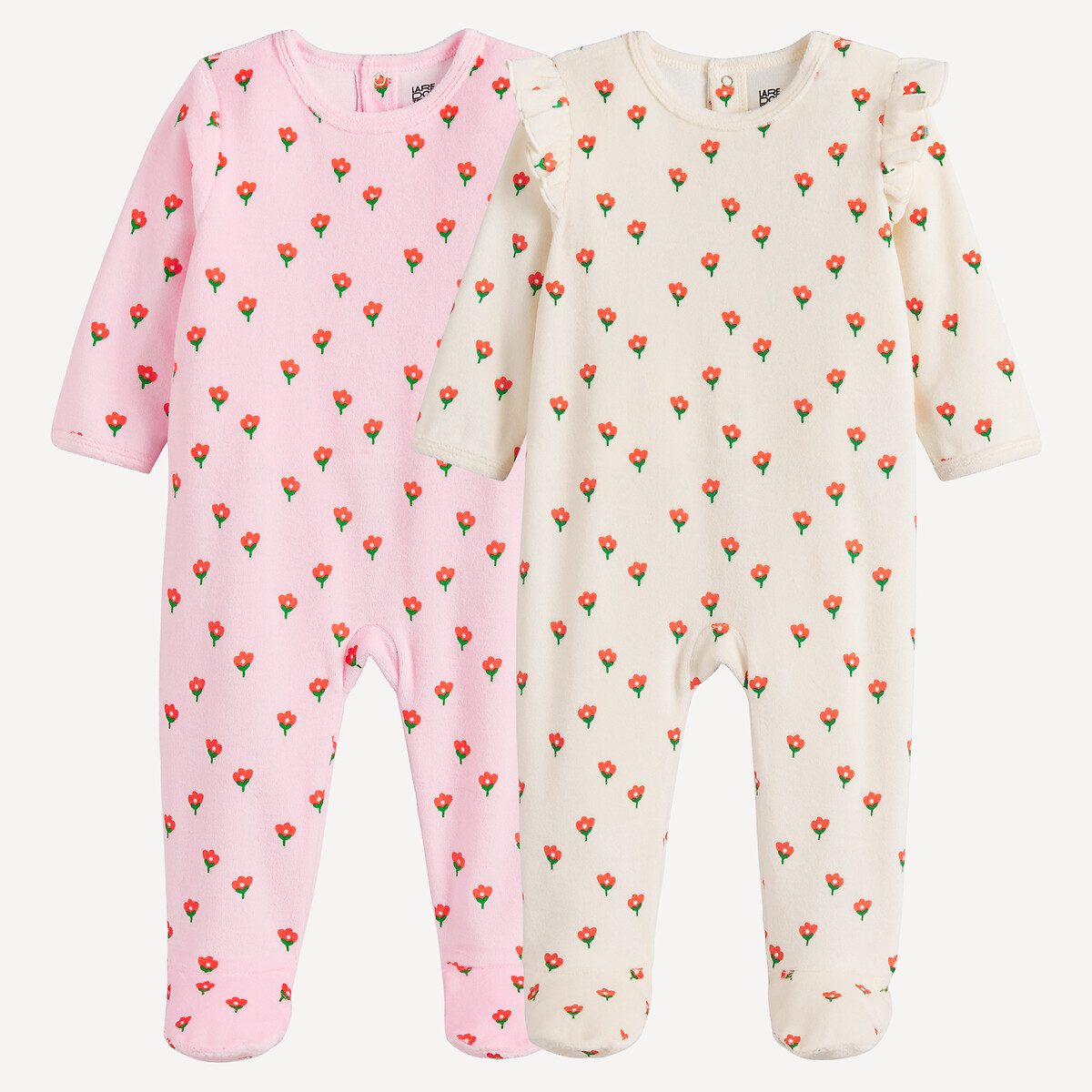 Σετ 2 ολόσωμες βρεφικές πιτζάμες από βελούδο με σχέδιο λουλούδια Ροζ