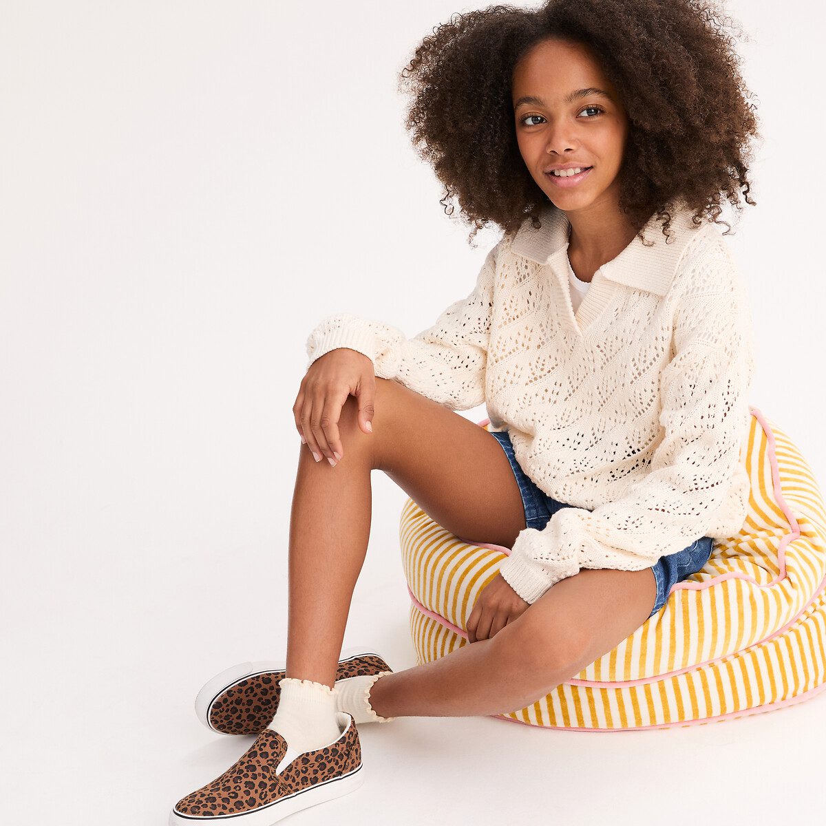 Πουλόβερ με γιακά πόλο από λεπτή διάτρητη πλέξη Μπεζ