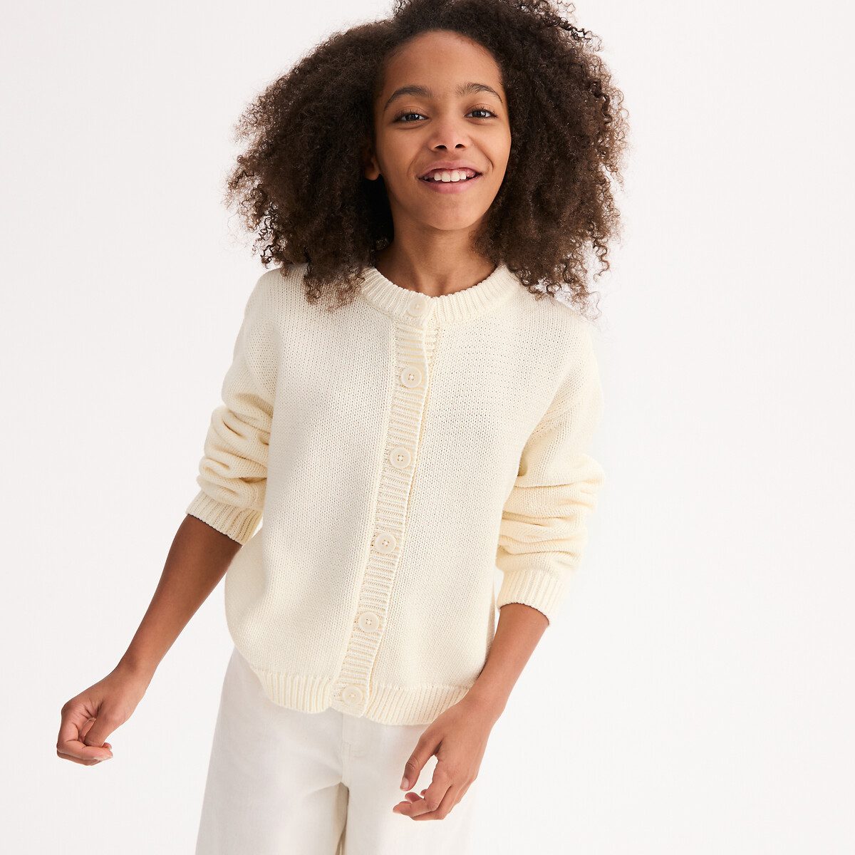 Ζακέτα με στρογγυλή λαιμόκοψη από χοντρή βαμβακερή πλέξη Μπεζ