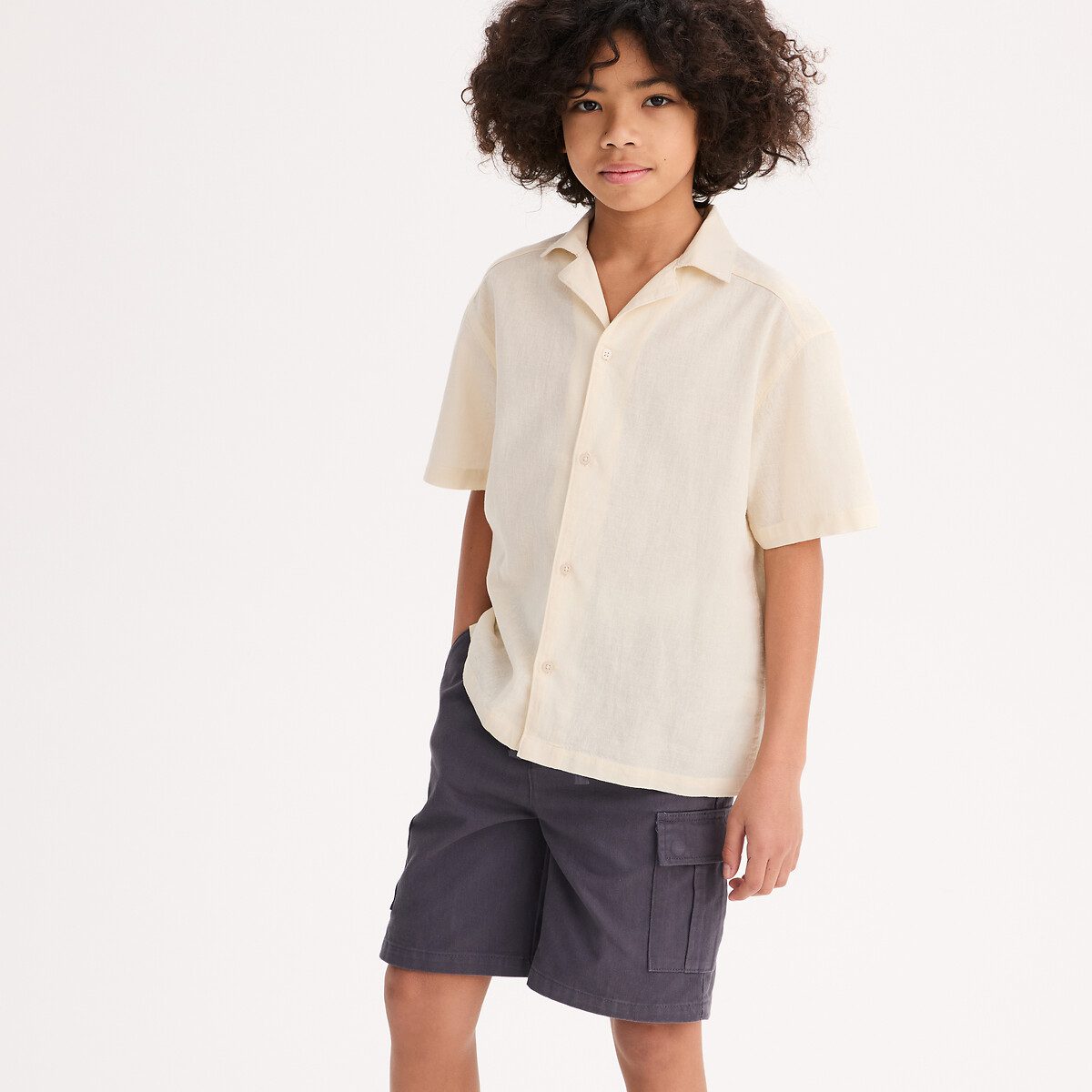 Πουκάμισο με κοντά μανίκια από βαμβάκι και λινό Μπεζ