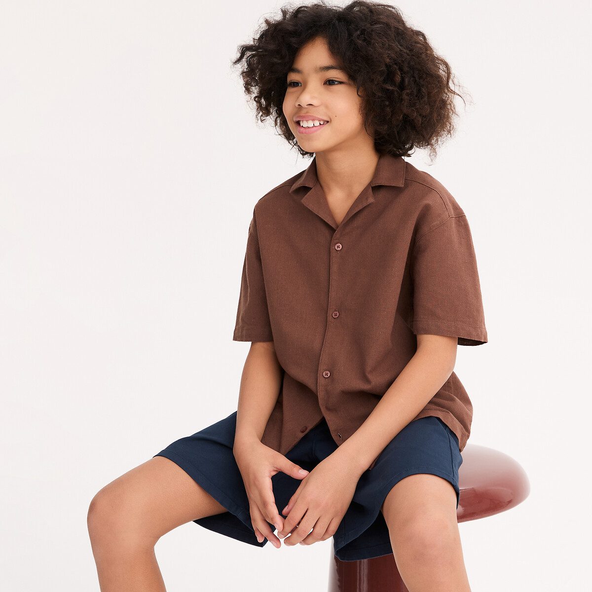 Πουκάμισο με κοντά μανίκια από βαμβάκι και λινό Καφε