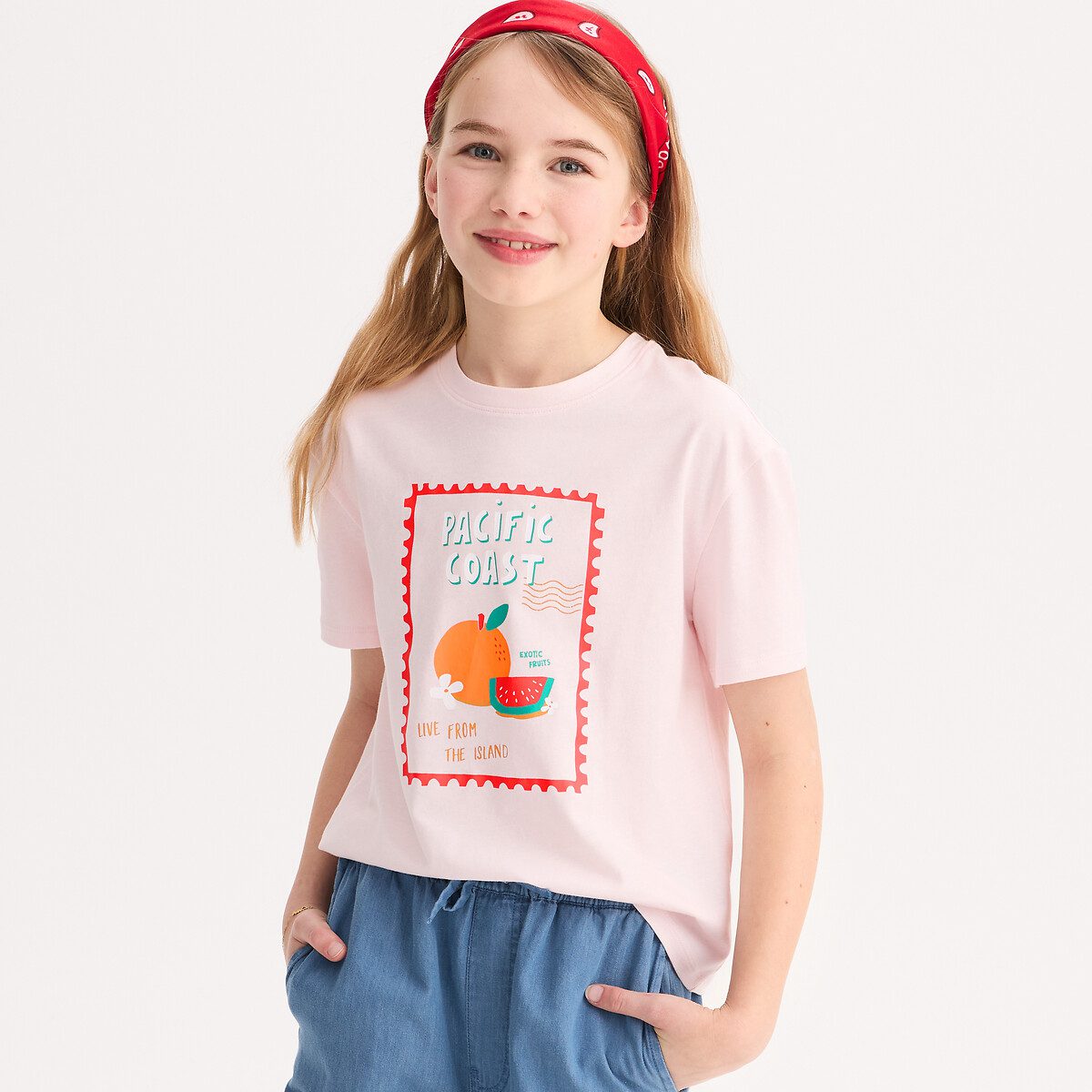 Κοντομάνικο T-shirt με στρογγυλή λαιμόκοψη και στάμπα με φρούτα και μήνυμα μπροστά Ροζ