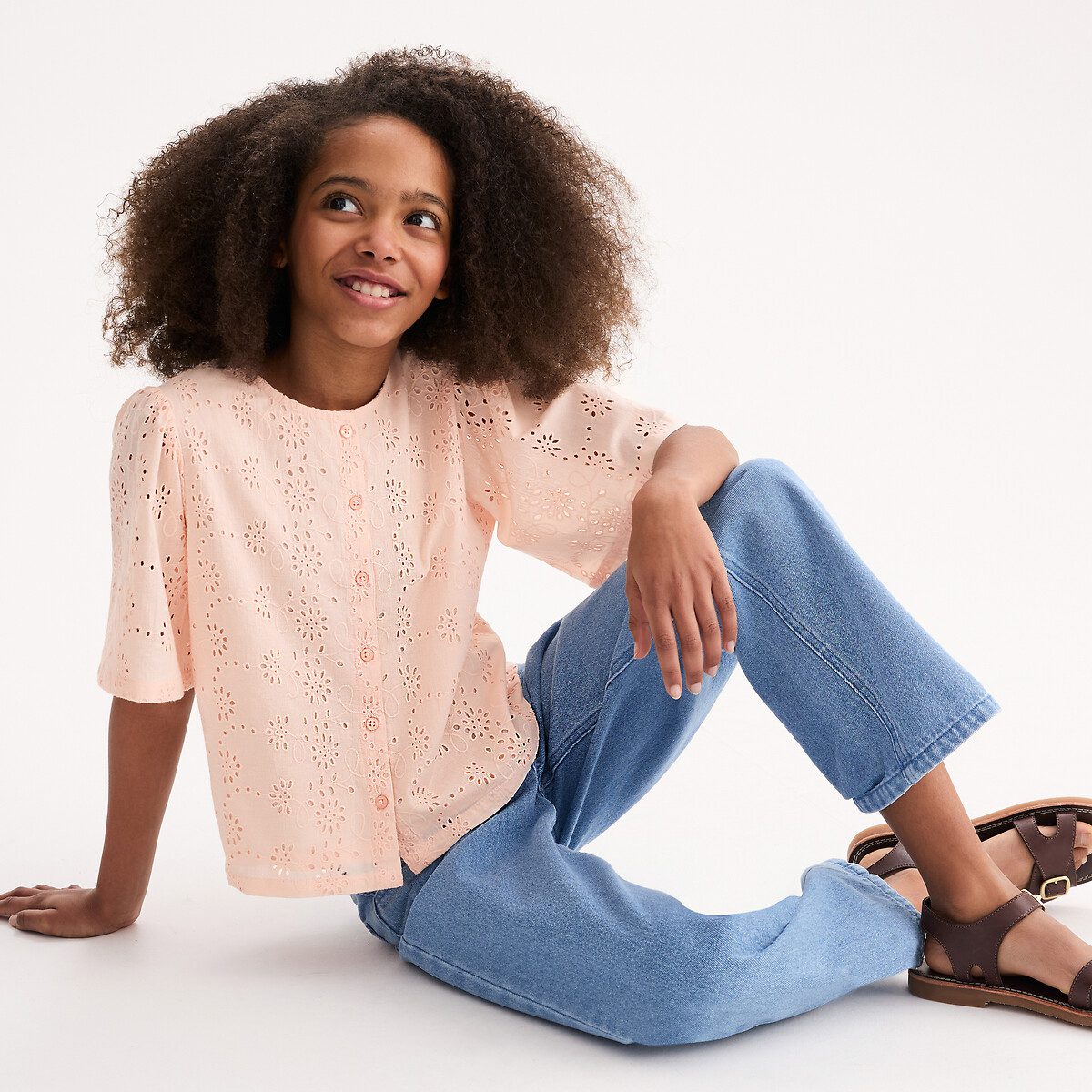 Μπλούζα με κοντά μανίκια και αγγλική δαντέλα Ροζ