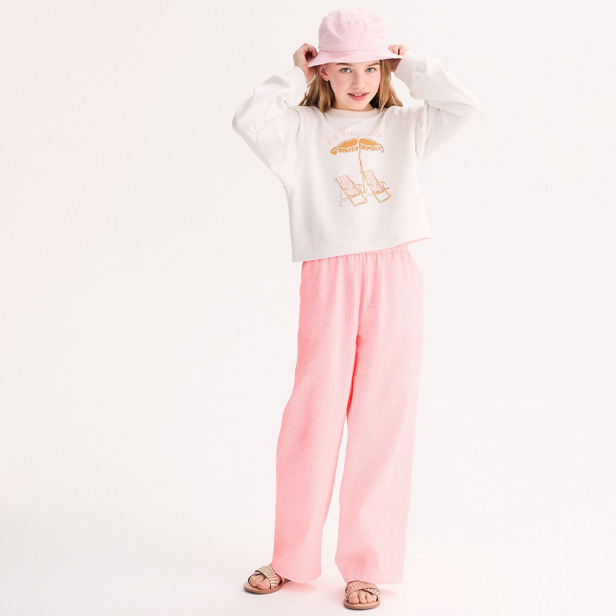 Παντελόνι φαρδύ με λάστιχο στη μέση και ριγέ σχέδιο Ροζ