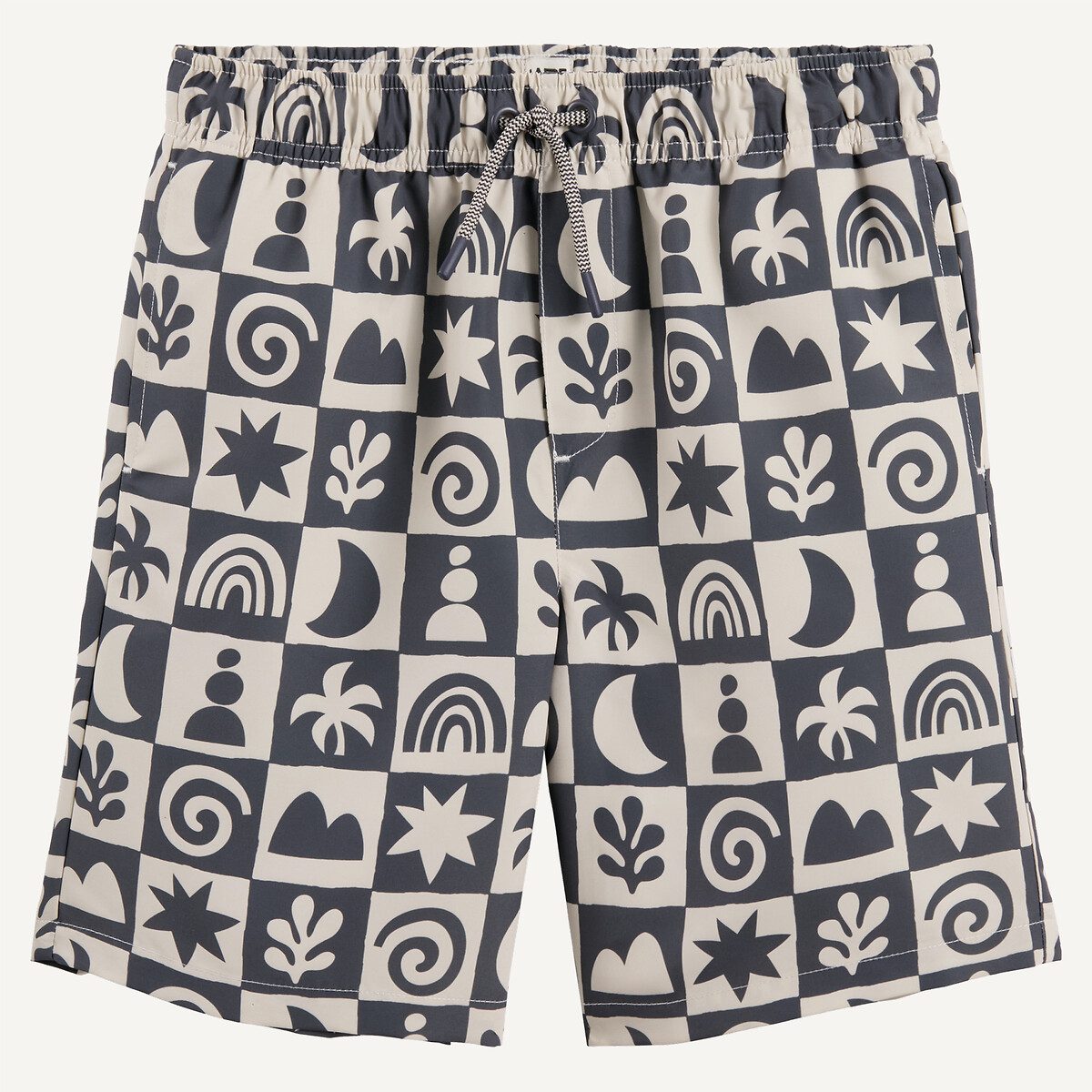 Μαγιό σορτς με καρό και γραφικά μοτίβα Γκρι
