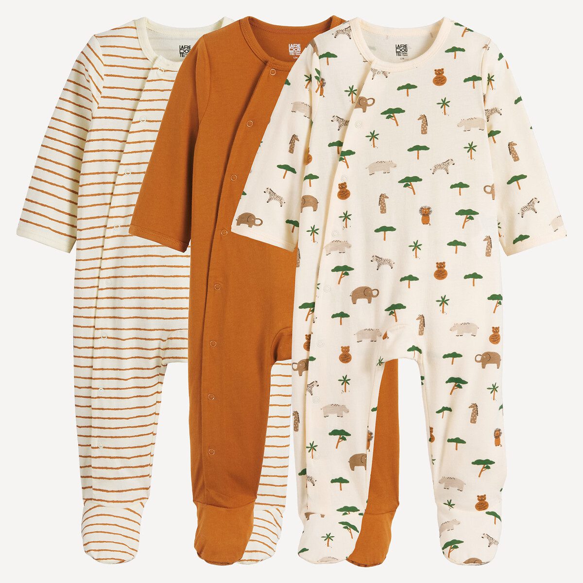 Σετ 3 ολόσωμες πιτζάμες από ζέρσεϊ με ζωάκια και ρίγες Διαφορα Χρωματα