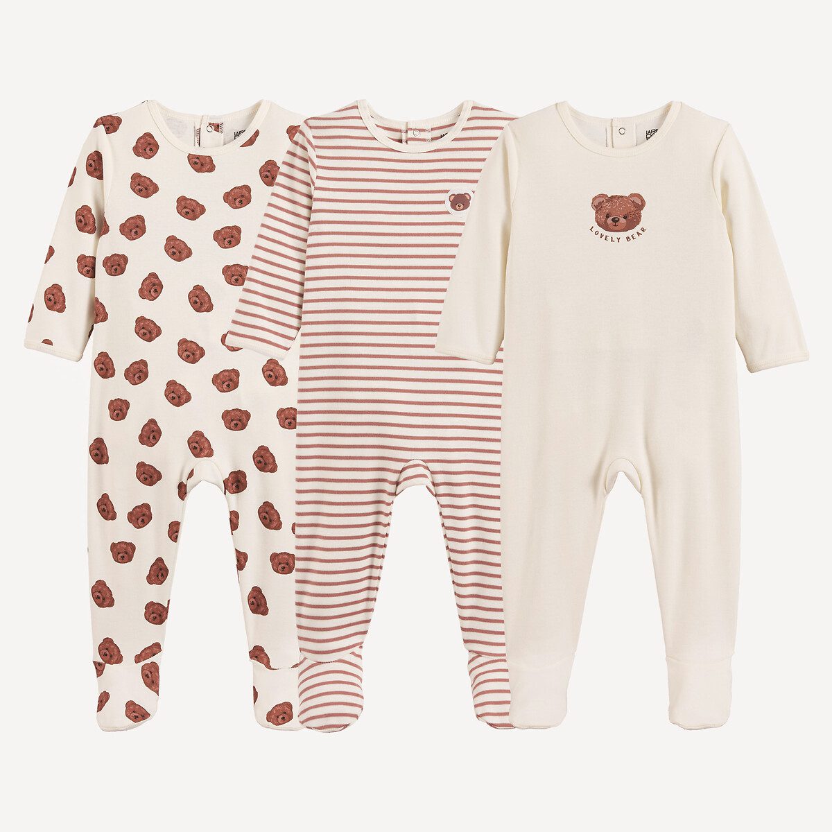 Σετ 3 ολόσωμες πιτζάμες από βαμβάκι με αρκουδάκια και ρίγες Διαφορα Χρωματα