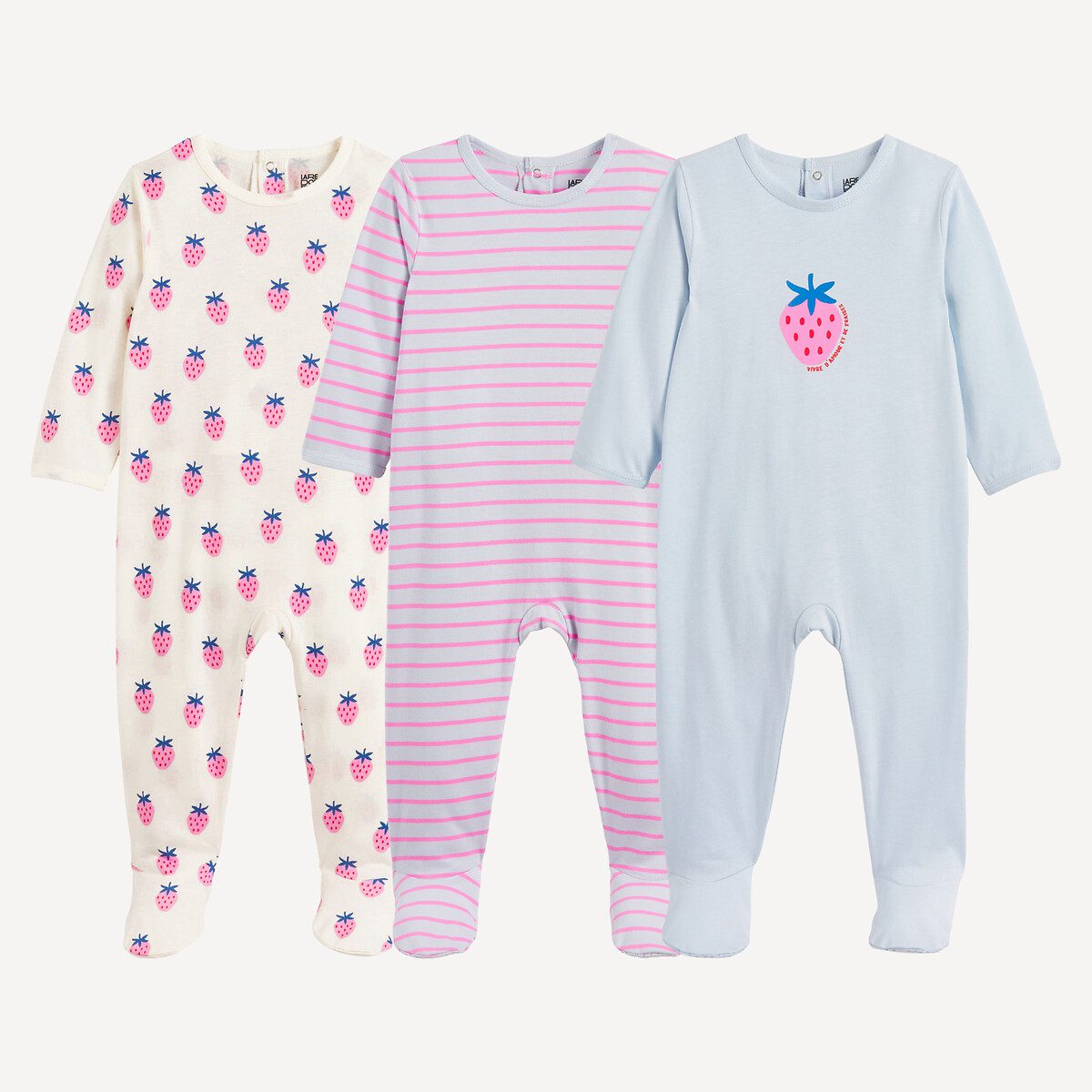 Σετ 3 ολόσωμες πιτζάμες από ζέρσεϊ με φρουτένια μοτίβα και ρίγες Διαφορα Χρωματα