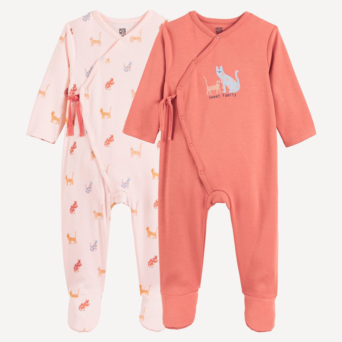 Σετ 2 βαμβακερές ολόσωμες πιτζάμες με γατάκια Ροζ