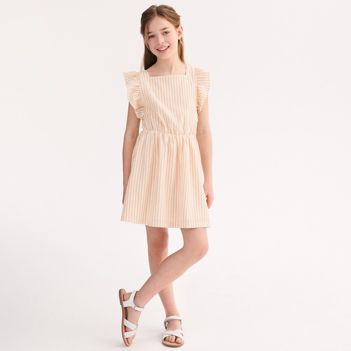 Ριγέ αμάνικο φόρεμα με βολάν Κιτρινο