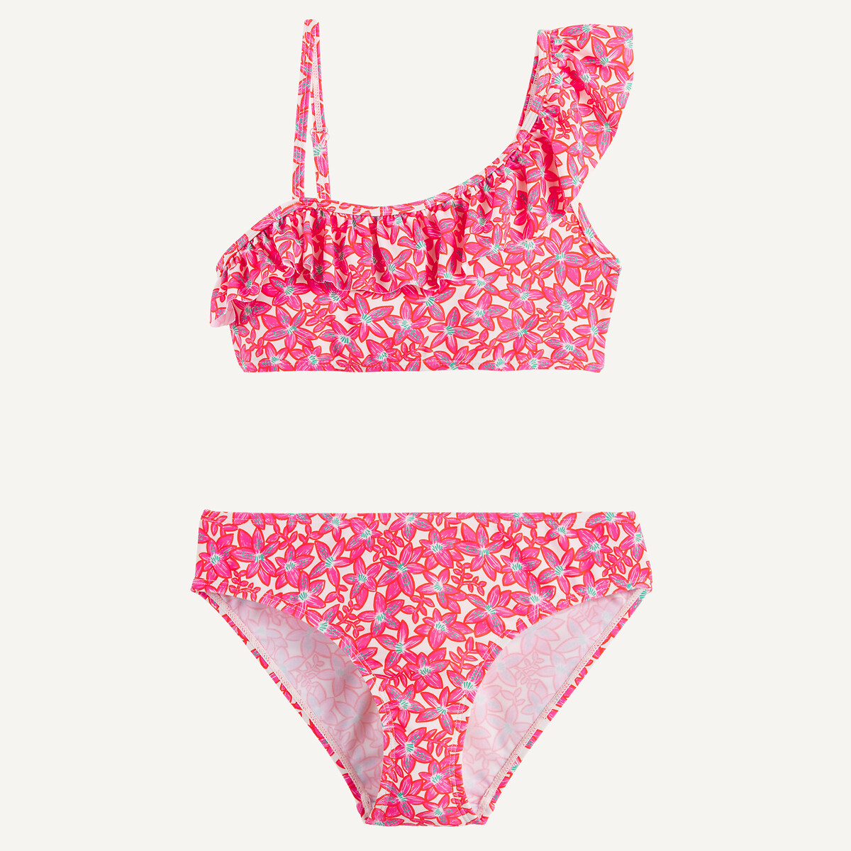 Μαγιό μπικίνι 2 τεμαχίων με ασύμμετρο βολάν τοπ και φλοράλ σχέδιο Ροζ
