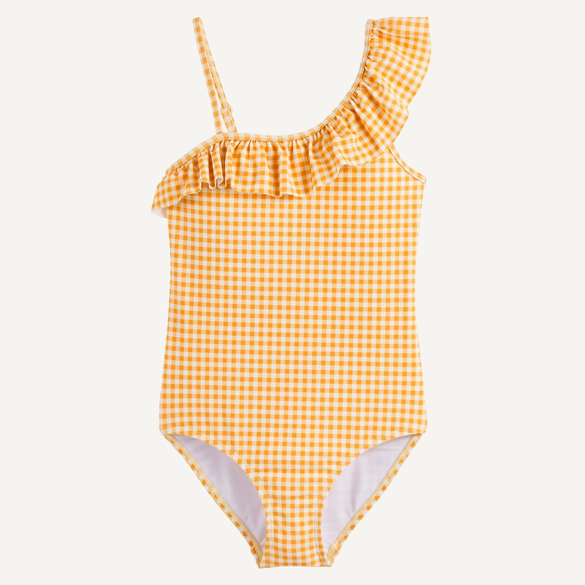 Ολόσωμο μαγιό με ασύμμετρο βολάν και καρό σχέδιο Κιτρινο