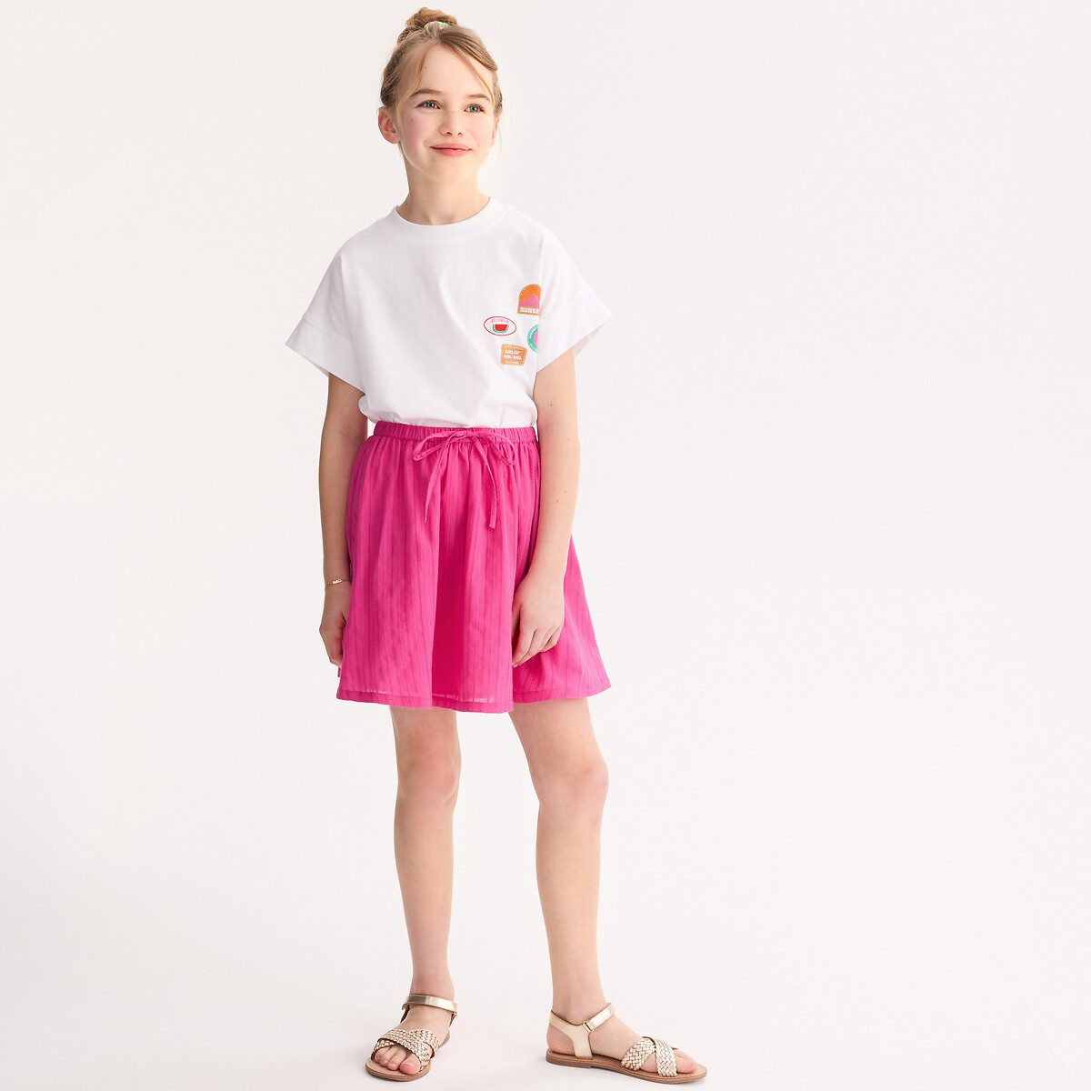 Κοντή φούστα από ανάγλυφο ύφασμα με ελαστική μέση Ροζ